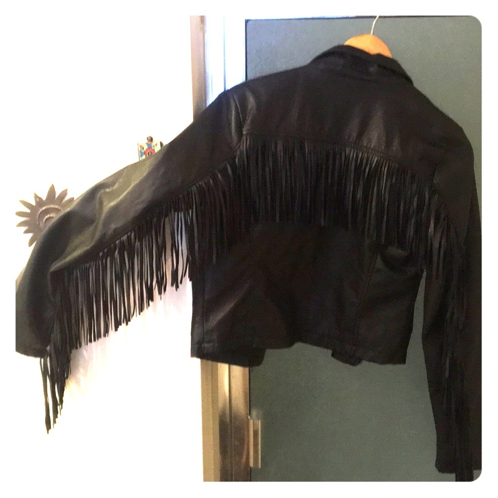 Black leather fringe biker jacket (vegan)